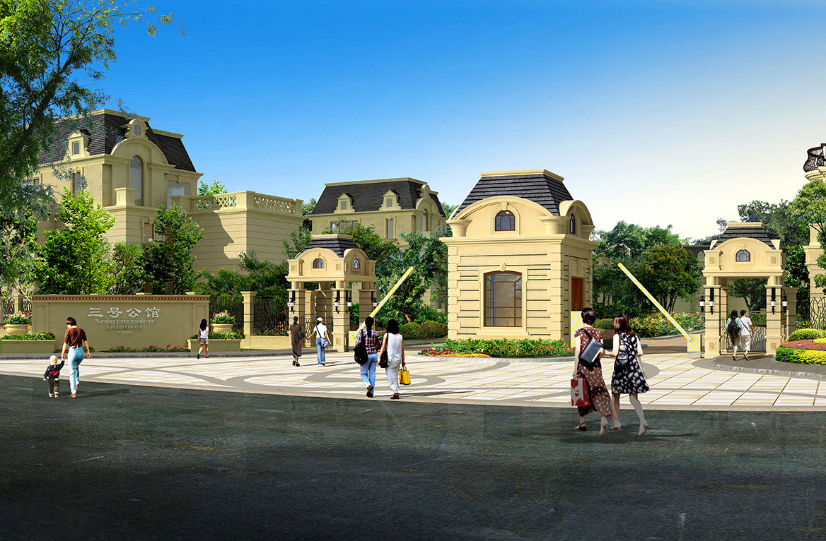 赤壁.印象酒（jiǔ）店（diàn）區、三號公館別墅區主入（rù）口方案一透視圖