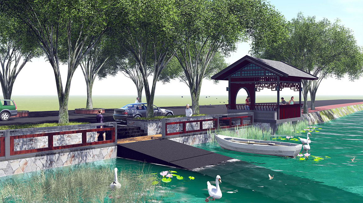 洪梅鎮烏沙村村莊規劃設計沿河湧（yǒng）街道節點涼棚效果圖一